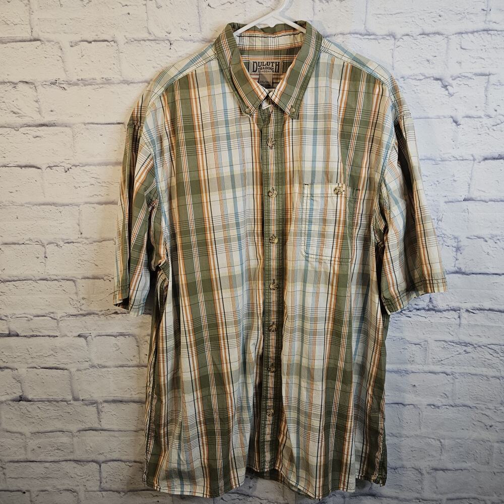 Duluth Trading Co Shirt Mens 2XLT Green Plaid Button Front Short Sleeve